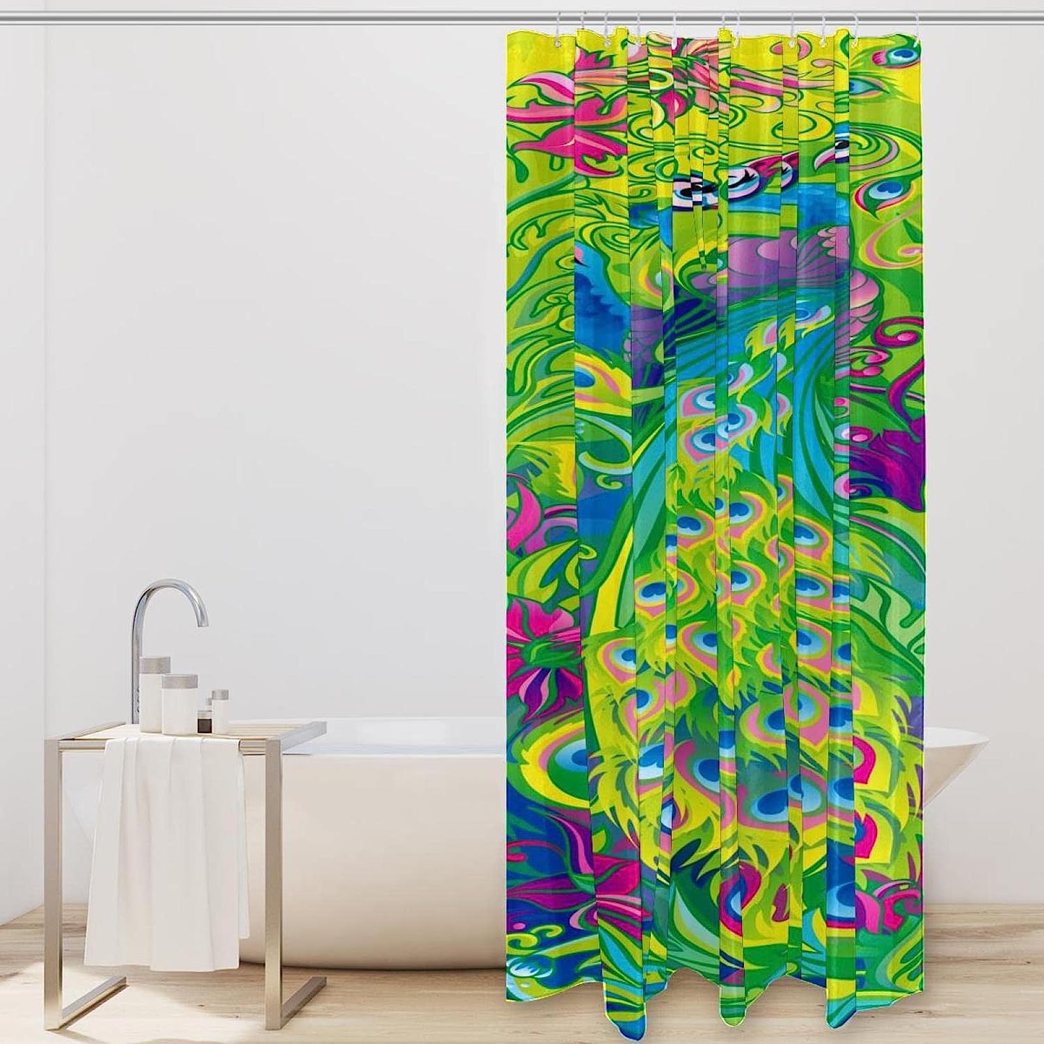 Colorful Peacock Feather Jungle Fabric Shower Curtain for Bathroom Decor