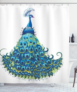 Colorful Peacock Illustration Shower Curtain, Classical Tropics Wildlife Theme Design