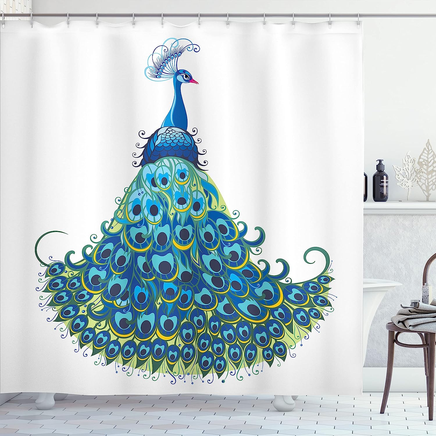 Colorful Peacock Illustration Shower Curtain, Classical Tropics Wildlife Theme Design