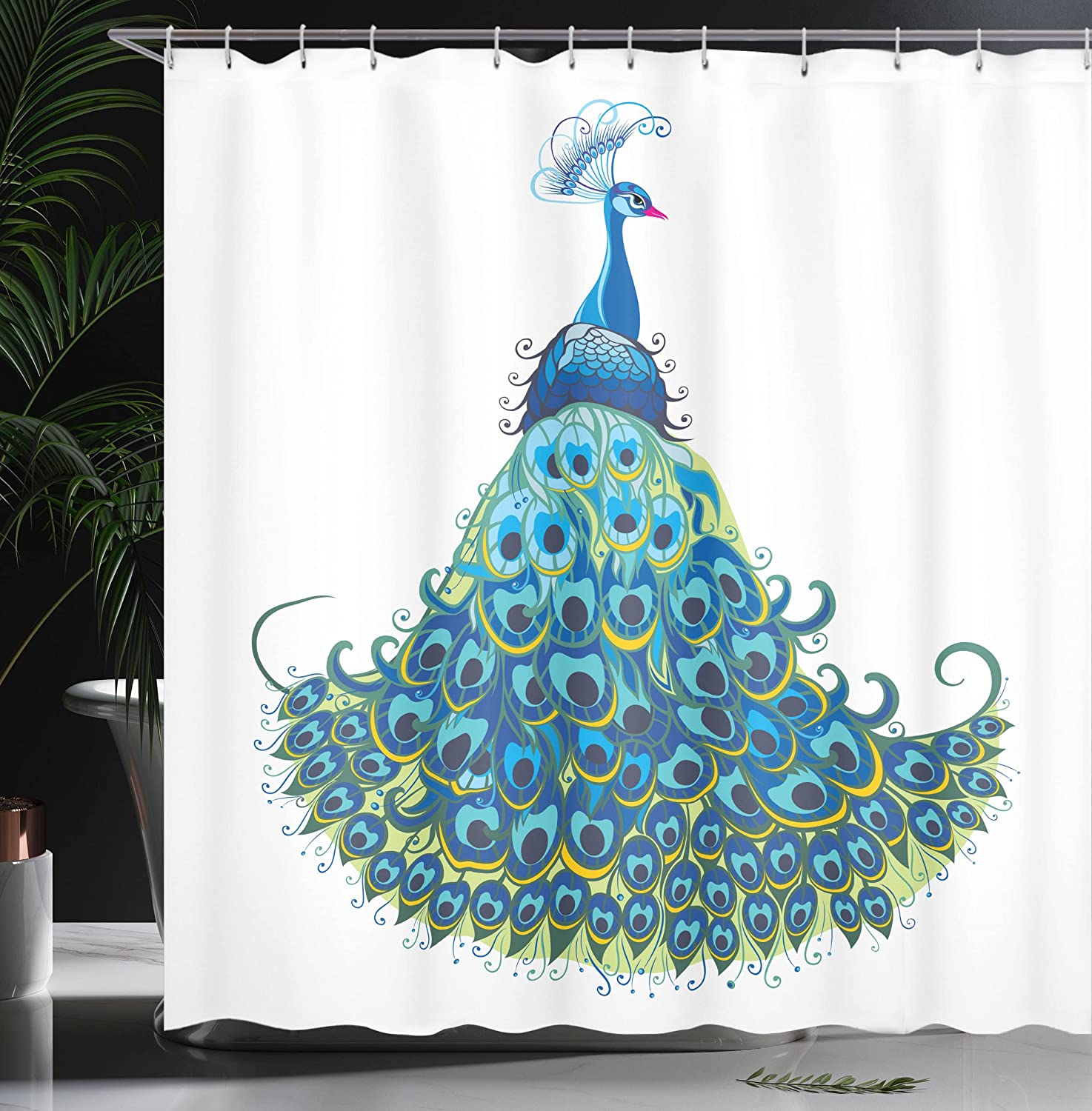 Colorful Peacock Illustration Shower Curtain, Classical Tropics Wildlife Theme Design - Image 3
