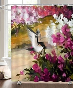 Colorful Petal Hummingbird and Flowers Print Fabric Shower Curtain