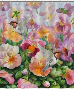 Colorful Petal Print Shower Curtain with Hummingbirds and Flowers for a Vibrant Bathroom