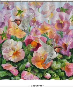Colorful Petal Print Shower Curtain with Hummingbirds and Flowers for a Vibrant Bathroom