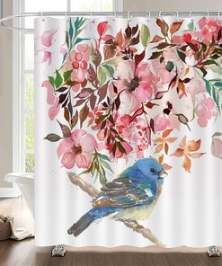 Colorful Petal Shower Curtain with Hummingbird and Flowers Print