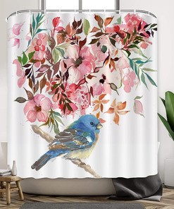 Colorful Petal Shower Curtain with Hummingbird and Flowers Print