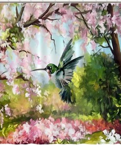 Colorful Petal and Bird Print Fabric Shower Curtain: Bathroom Accessory