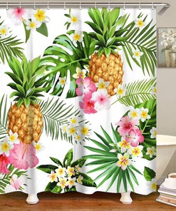 Colorful Pineapple And Tropical Fruits Shower Curtain Set For Summer Bathroom Decor