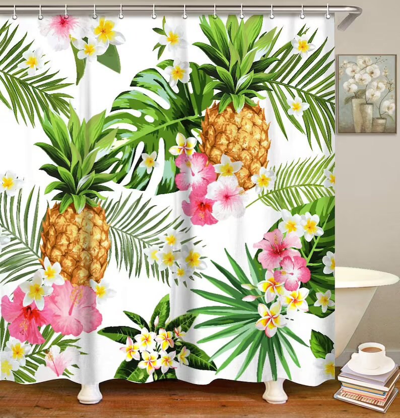 Colorful Pineapple And Tropical Fruits Shower Curtain Set For Summer Bathroom Decor