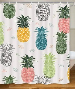 Colorful Pineapple And Tropical Fruits Shower Curtain Set For Summer Bathroom Decor