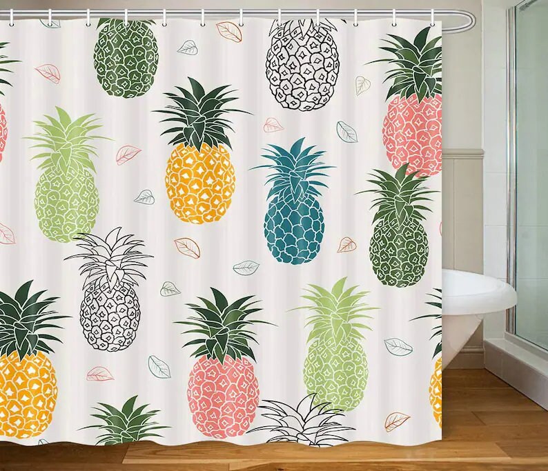Colorful Pineapple And Tropical Fruits Shower Curtain Set For Summer Bathroom Decor