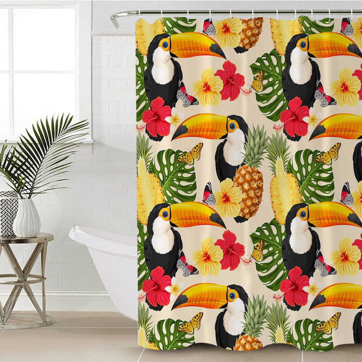 Colorful Pineapple Hibiscus Flower Toucan Bath Tub Curtain