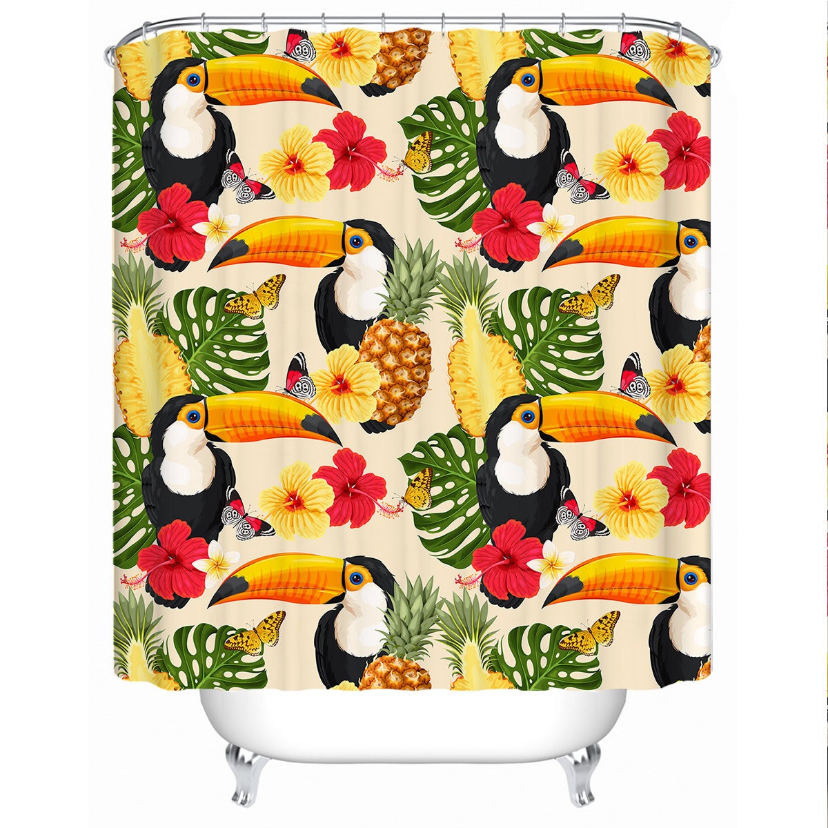 Colorful Pineapple Hibiscus Flower Toucan Bath Tub Curtain