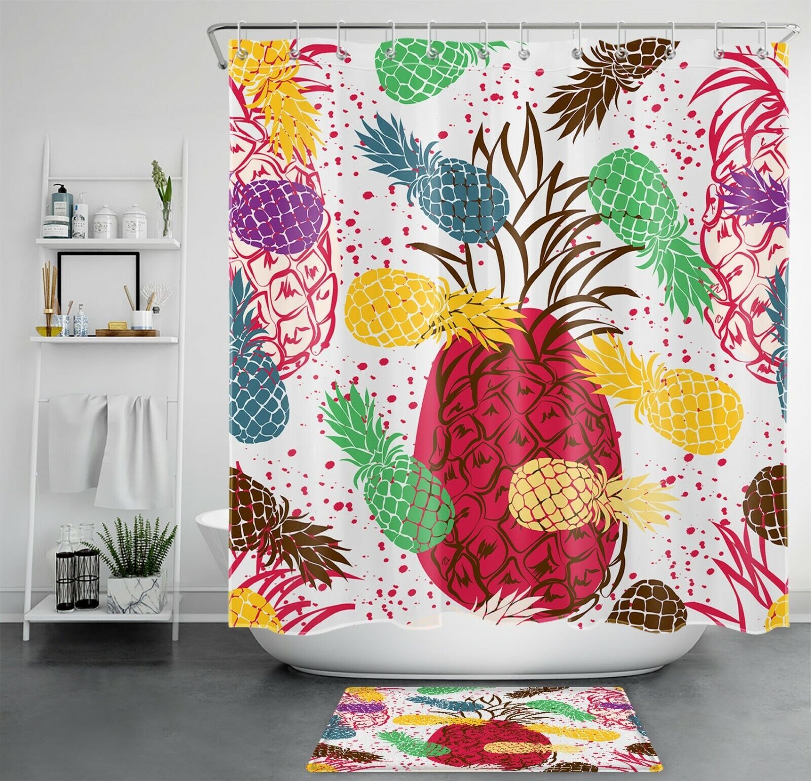 Colorful Pineapple Shower Curtain - Tropical Fruit Bathroom Accessory