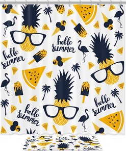 Colorful Pineapples and Flamingos Shower Curtain