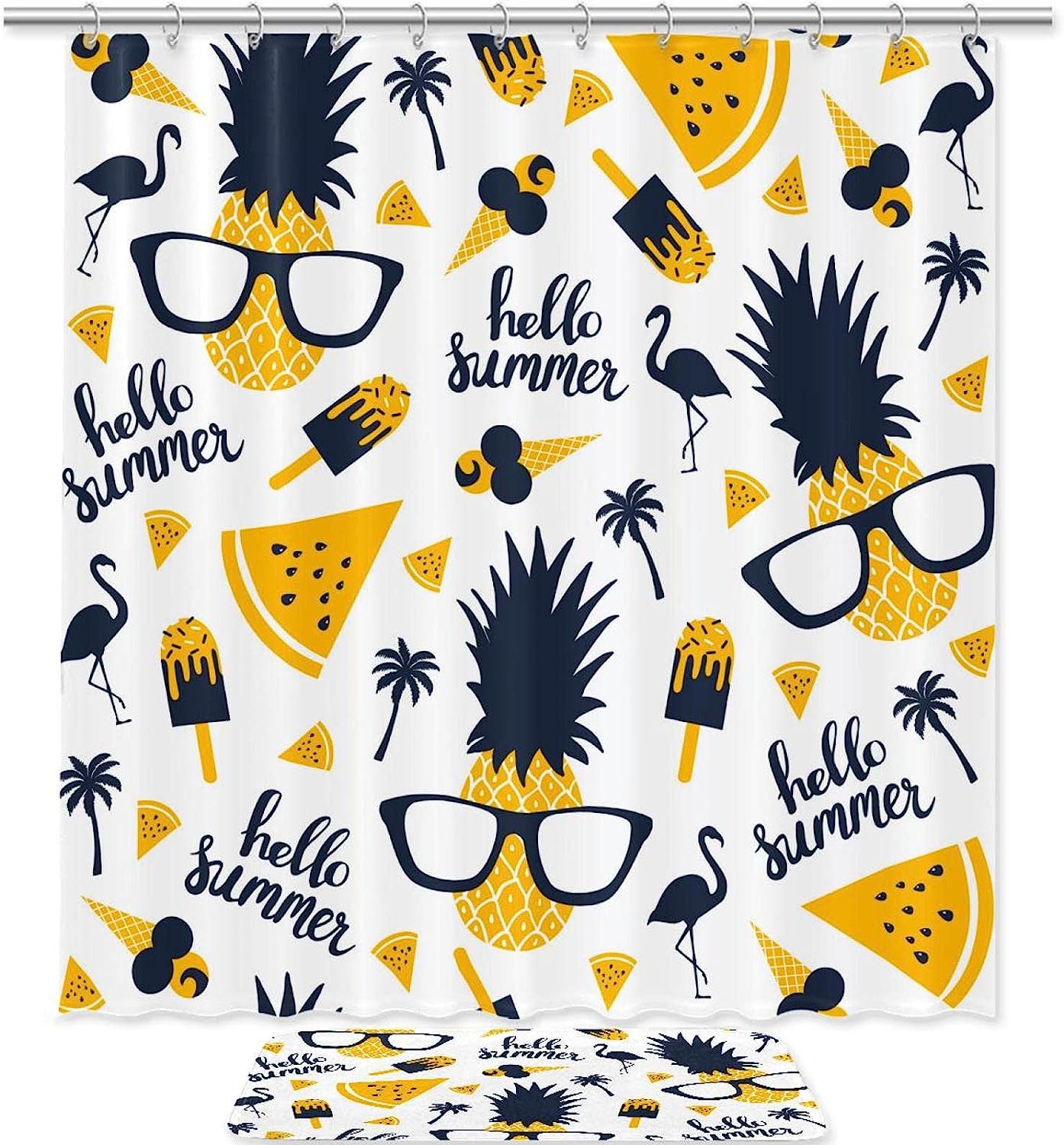 Colorful Pineapples and Flamingos Shower Curtain