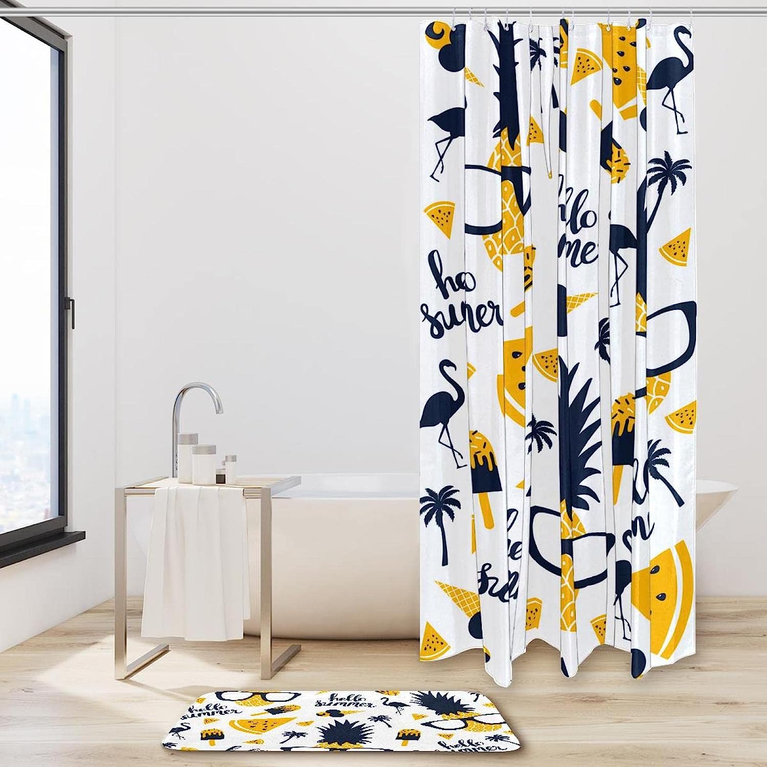 Colorful Pineapples and Flamingos Shower Curtain