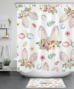 Colorful Pink Flowers Shower Curtain with Cute Rabbit and Easter Eggs Design for Kids Bathroom