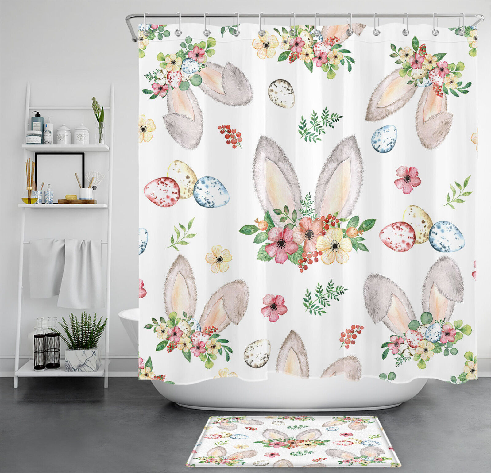 Colorful Pink Flowers Shower Curtain with Cute Rabbit and Easter Eggs Design for Kids Bathroom