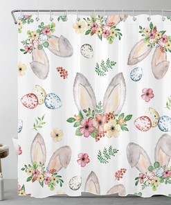 Colorful Pink Flowers Shower Curtain with Cute Rabbit and Easter Eggs Design for Kids Bathroom