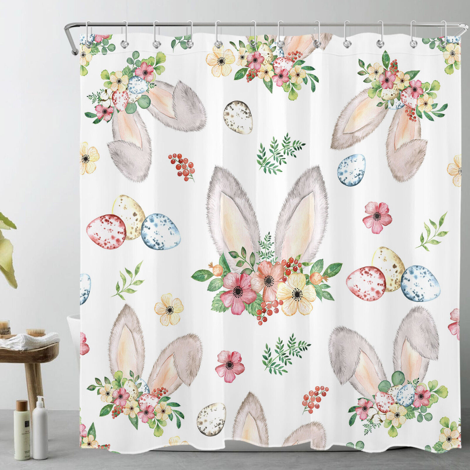 Colorful Pink Flowers Shower Curtain with Cute Rabbit and Easter Eggs Design for Kids Bathroom
