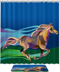 Colorful Polygonal Running Horse Shower Curtain, Waterproof Fabric for Bathroom