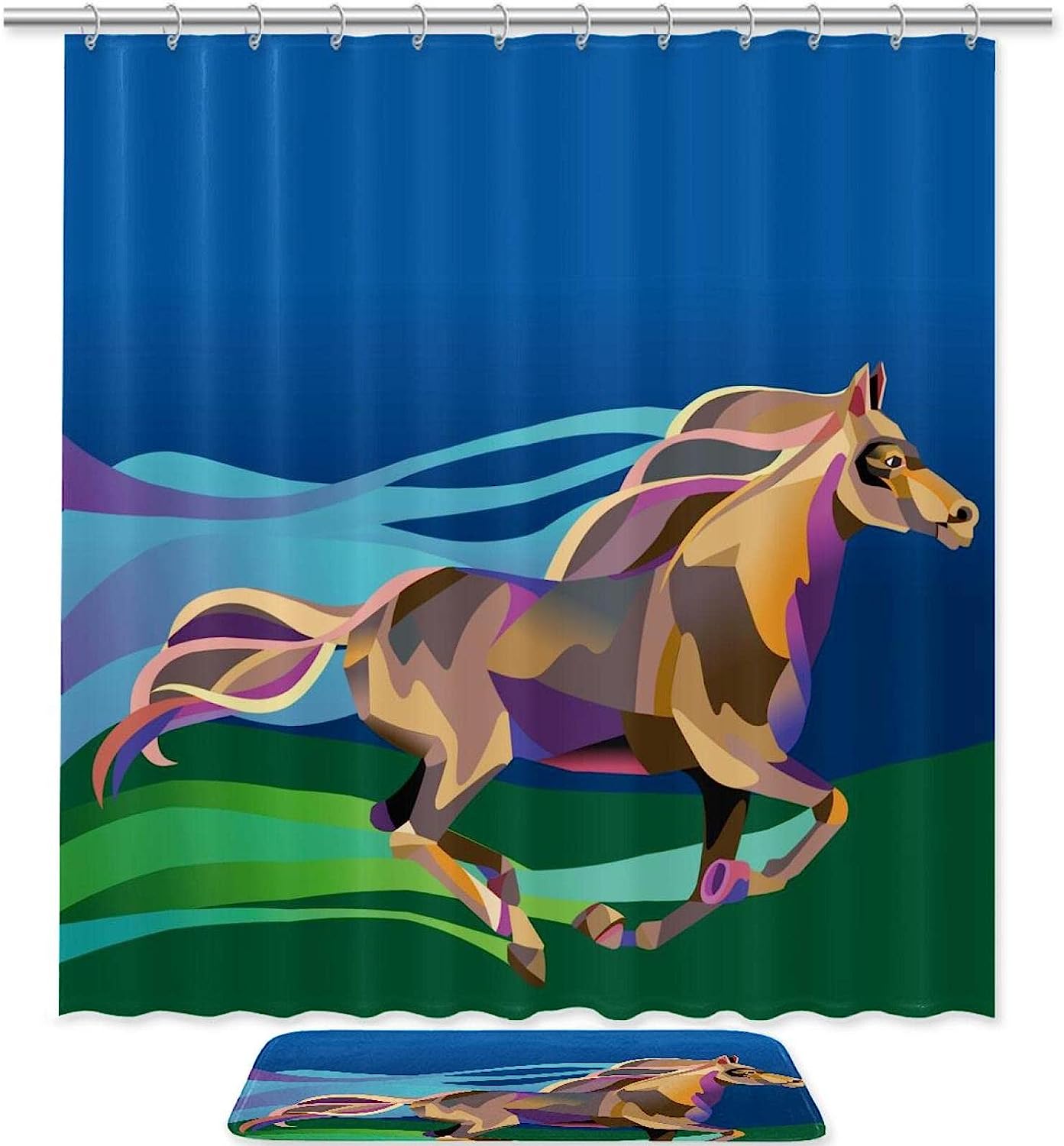 Colorful Polygonal Running Horse Shower Curtain, Waterproof Fabric for Bathroom