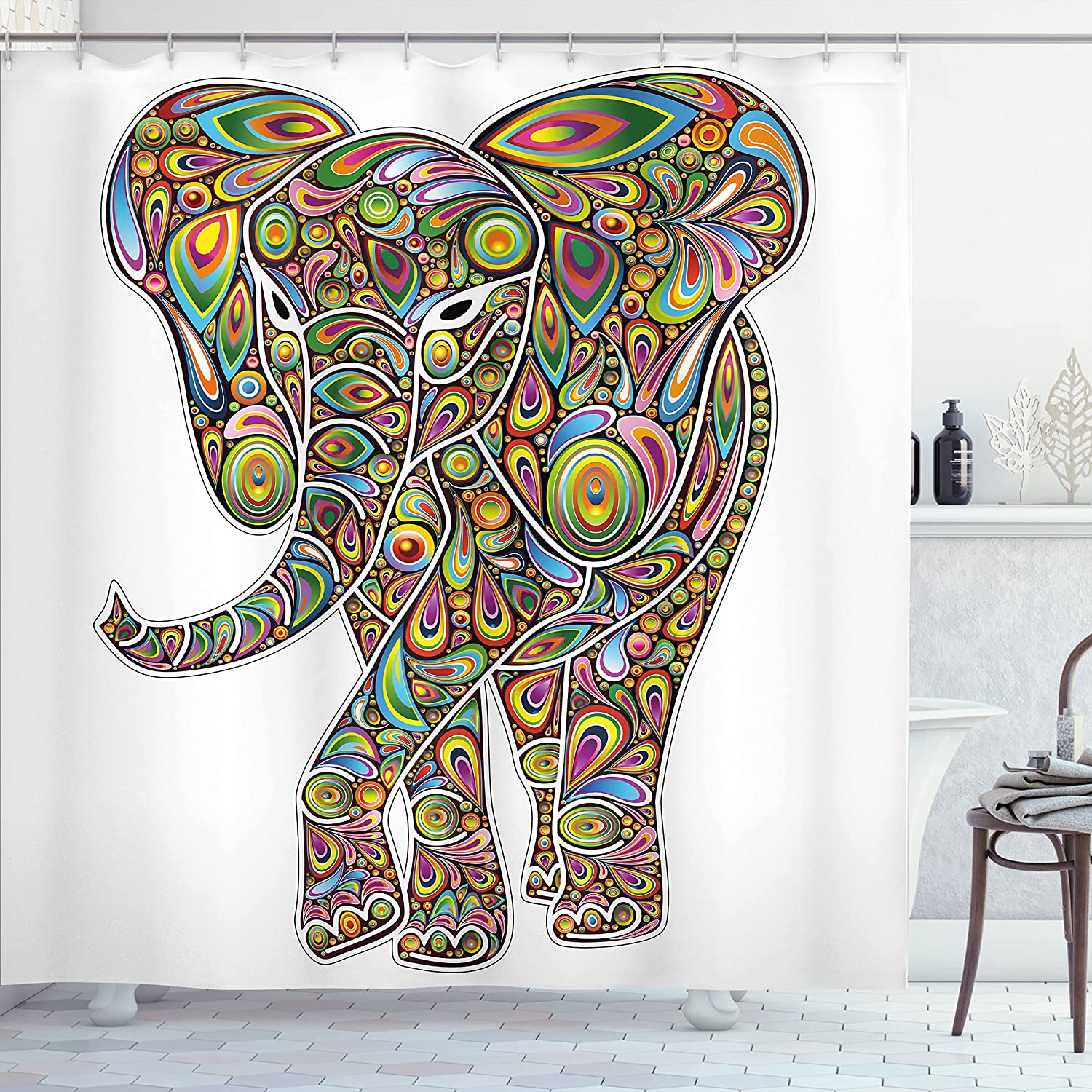Colorful Psychedelic Animal Shower Curtain, Tropical Wild Savannah With Tiger Giraffe Owl