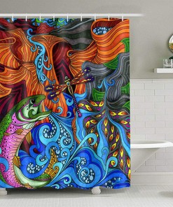 Colorful Psychedelic Koi Fish Sea Waves Dragonfly Shower Curtain, Fabric And Artistic Bathroom Decor 