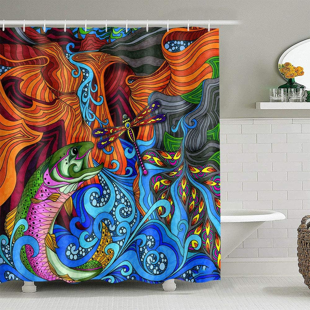 Colorful Psychedelic Koi Fish Sea Waves Dragonfly Shower Curtain, Fabric And Artistic Bathroom Decor