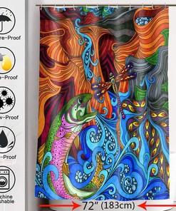 Colorful Psychedelic Koi Fish Sea Waves Dragonfly Shower Curtain, Fabric And Artistic Bathroom Decor