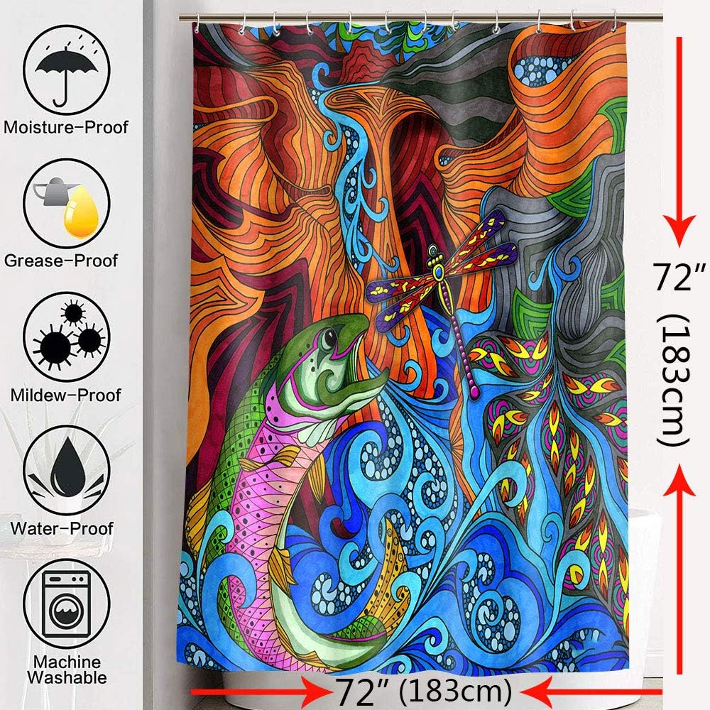 Colorful Psychedelic Koi Fish Sea Waves Dragonfly Shower Curtain, Fabric And Artistic Bathroom Decor