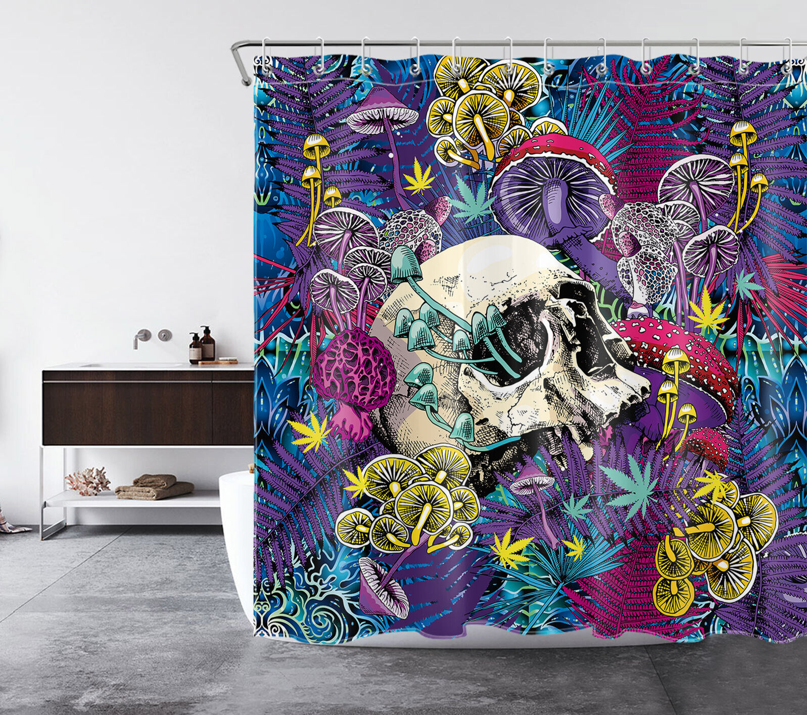 Colorful Psychedelic Shower Curtain With Plant Mushroom Skull Print For Unique Bathroom Decor - Image 2