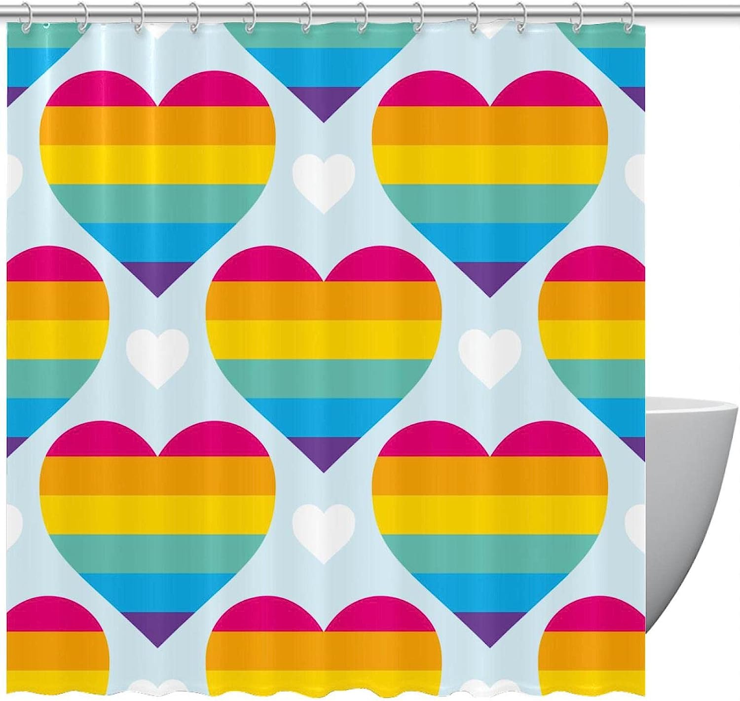Colorful Rainbow Heart Fabric Shower Curtain for Bathroom Decor