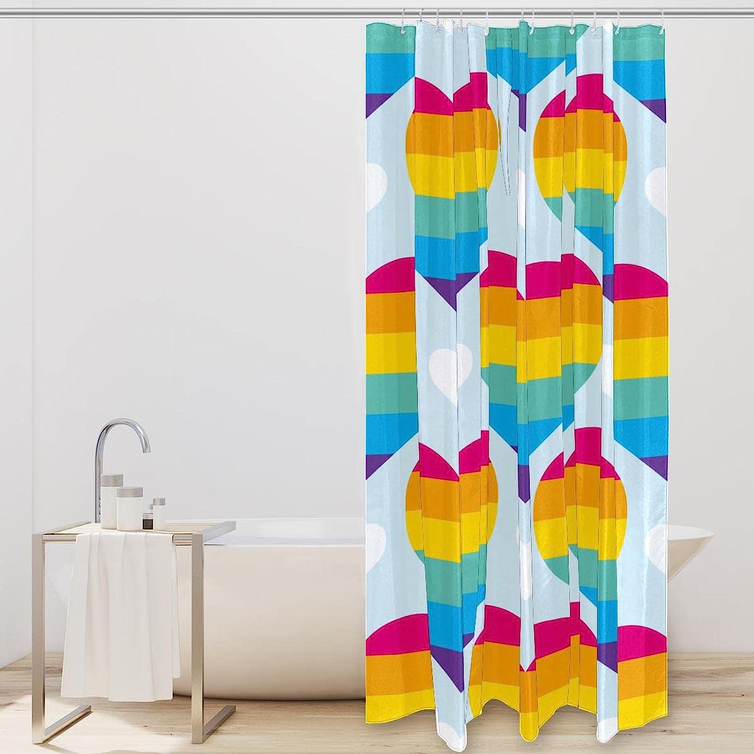 Colorful Rainbow Heart Fabric Shower Curtain for Bathroom Decor
