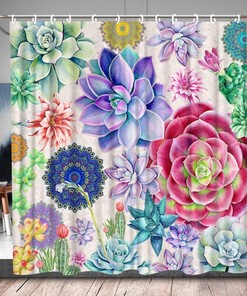 Colorful Retro Boho Cactus Floral Shower Curtain with Beautiful Succulent Plants 
