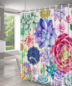Colorful Retro Boho Cactus Floral Shower Curtain with Beautiful Succulent Plants