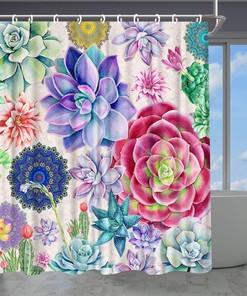 Colorful Retro Boho Cactus Floral Shower Curtain with Beautiful Succulent Plants 