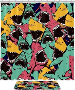Colorful Shark Print Bathroom Tub Set With Waterproof Fabric Shower Curtain