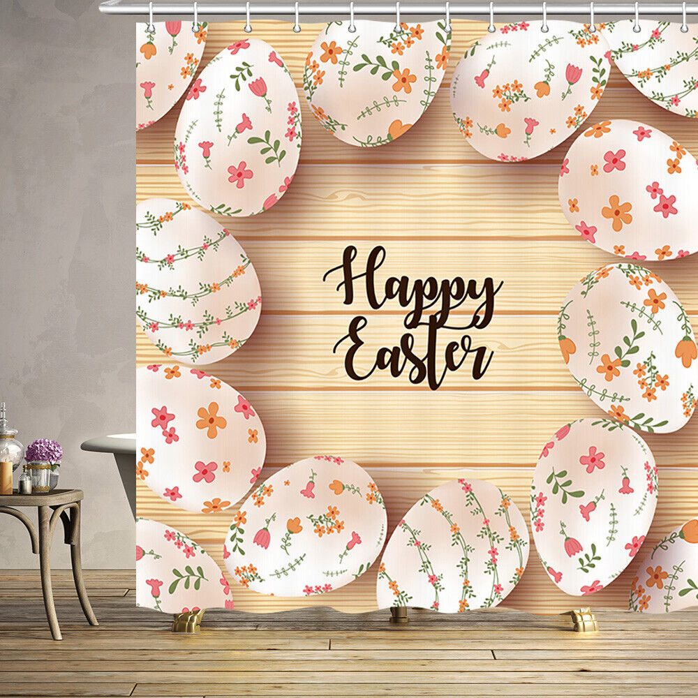 Colorful Shower Curtain With Easter Bunny & Eggs - Cute Cartoon Bathroom Decor