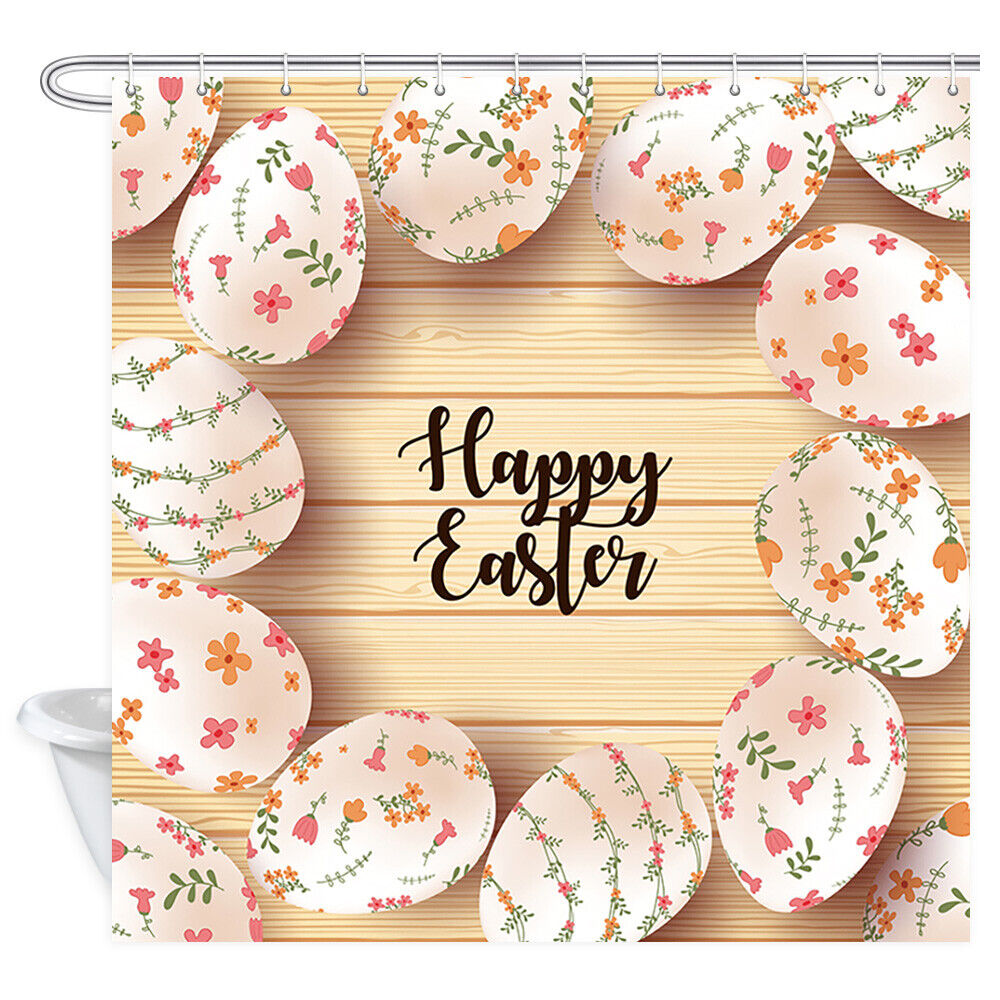Colorful Shower Curtain With Easter Bunny & Eggs - Cute Cartoon Bathroom Decor