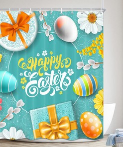 Colorful Shower Curtain With Easter Eggs & Butterflies - Spring Bathroom Decor
