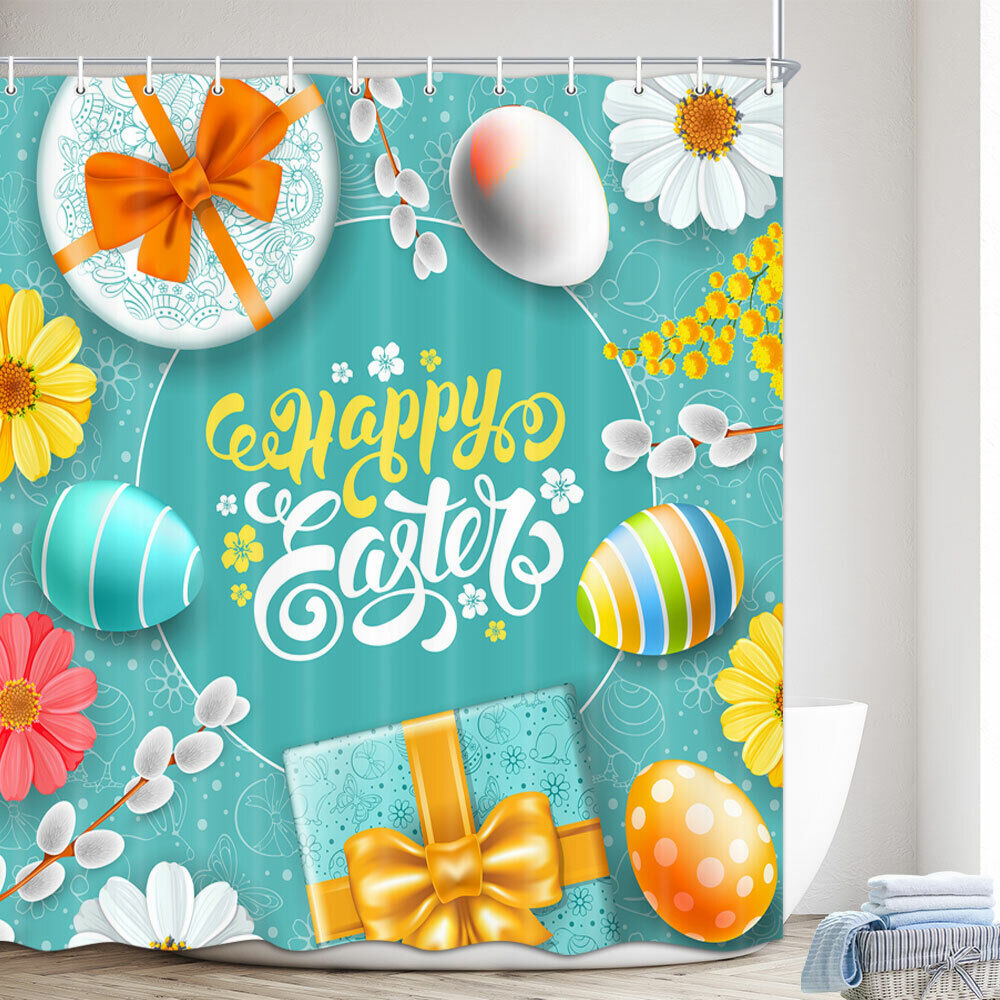 Colorful Shower Curtain With Easter Eggs & Butterflies - Spring Bathroom Decor