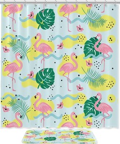 Colorful Shower Curtain With Flamingo And Plant Pattern, Waterproof Fabric For Vibrant Bathroom Decor