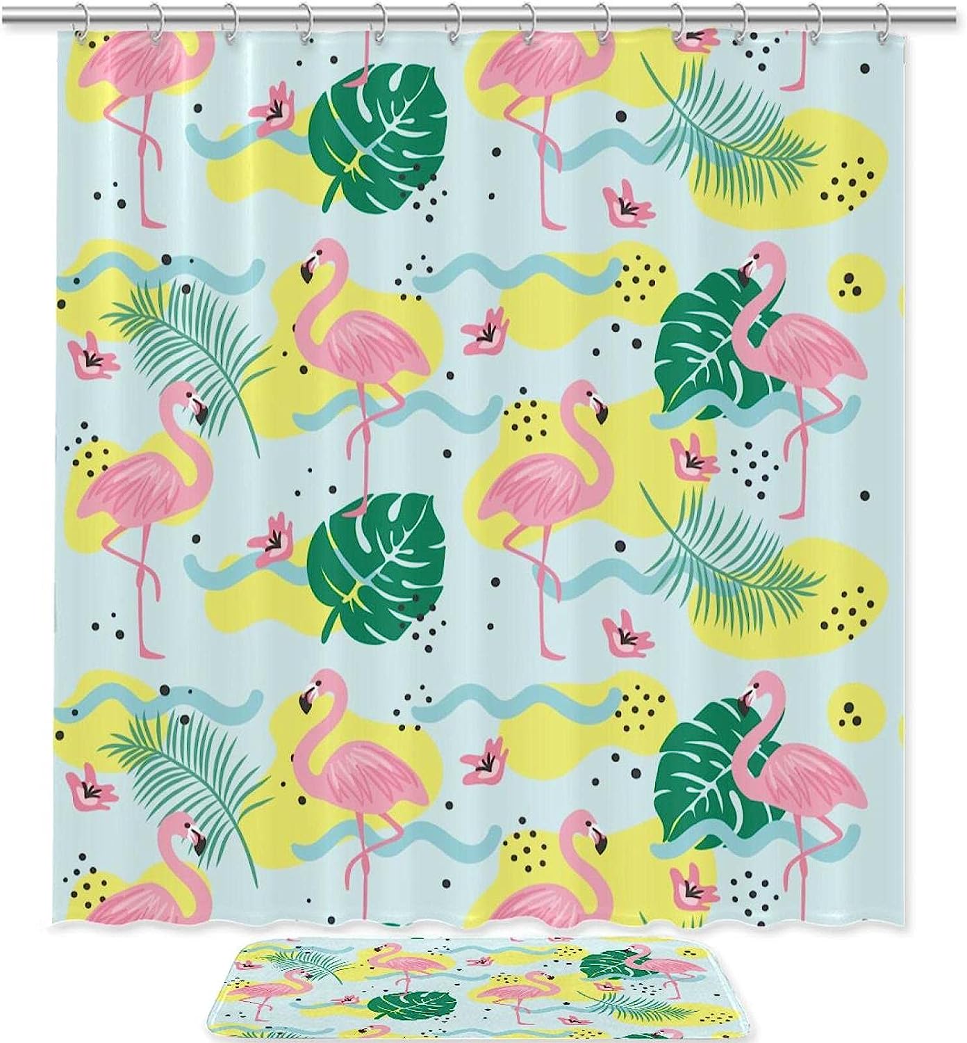 Colorful Shower Curtain With Flamingo And Plant Pattern, Waterproof Fabric For Vibrant Bathroom Decor