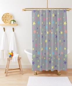 Colorful Shower Curtains - Rainbow Stars Print Gray Grey Pink Blue Green Purple Set Bundle