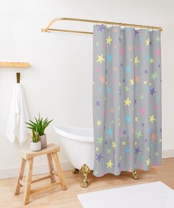Colorful Shower Curtains - Rainbow Stars Print Gray Grey Pink Blue Green Purple Set Bundle