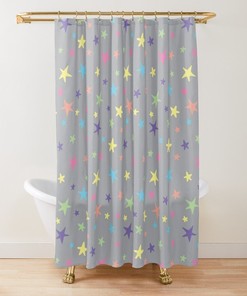 Colorful Shower Curtains - Rainbow Stars Print Gray Grey Pink Blue Green Purple Set Bundle