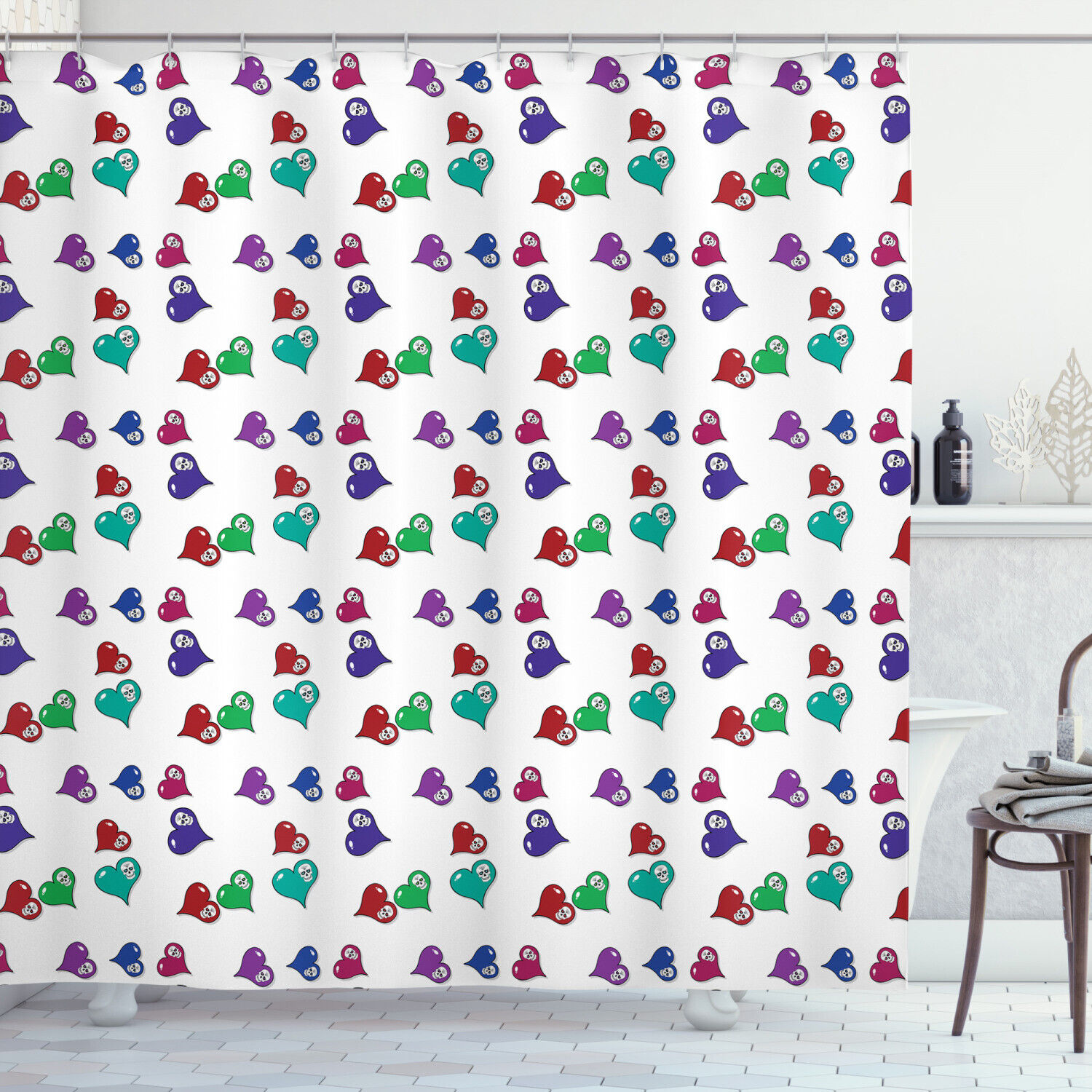 Colorful Skull Hearts Fabric Shower Curtain for a Cute and Quirky Bathroom