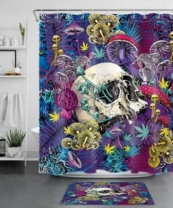 Colorful Skull Mushroom Plant Shower Curtain, Psychedelic Bathroom Accessories