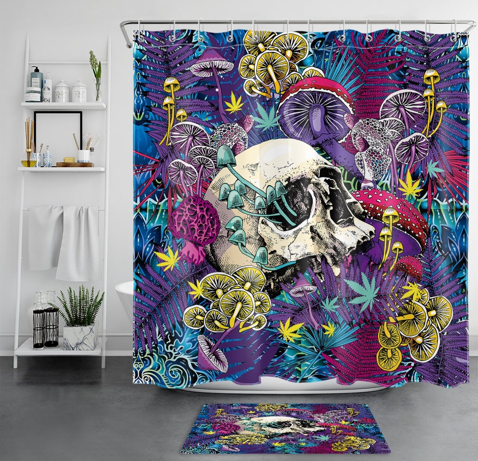Colorful Skull Mushroom Plant Shower Curtain, Psychedelic Bathroom Accessories